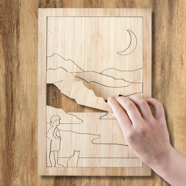 Wooden Boy and Cat Puzzle - Moonlit Friendship