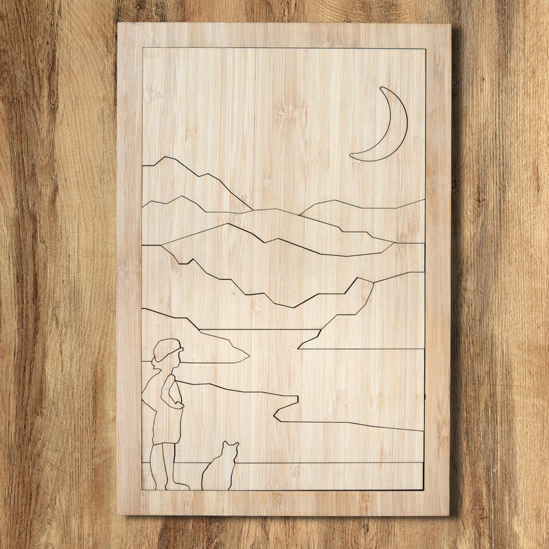 Wooden Boy and Cat Puzzle - Moonlit Friendship